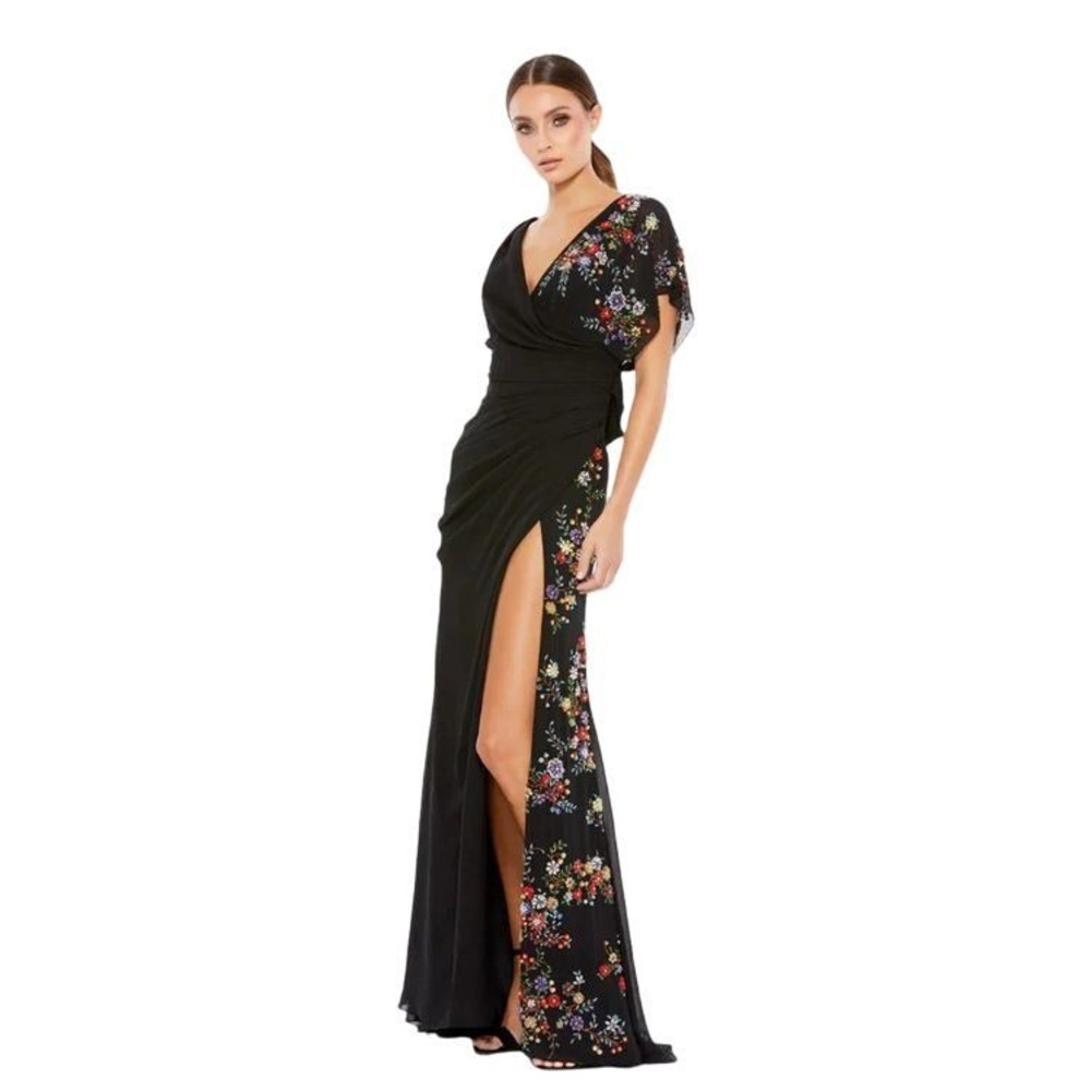 NWT‎ Mac Duggal Black Faux Wrap Multi Colored Beaded Floral Gown $798 - Size 2 - Picture 2 of 15